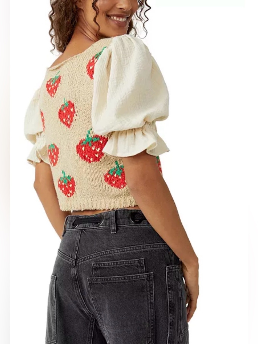 FREE PEOPLE Strawberry Jam Crop Top XS Puff Sleeve Knit Boho - Picture 6 of 16